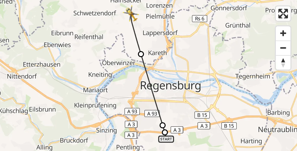 Flugroute Rettungshubschrauber DRF Air Rescue Station Regensburg / Regensburg University Hospital - Lappersdorf, 22 September 2026, 05:37