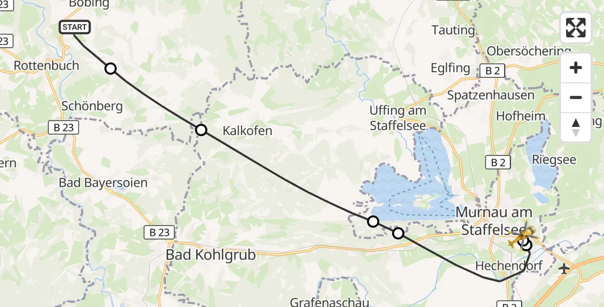 Flugroute Rettungshubschrauber Böbing - Murnau Accident Hospital, 22 September 2026, 05:51