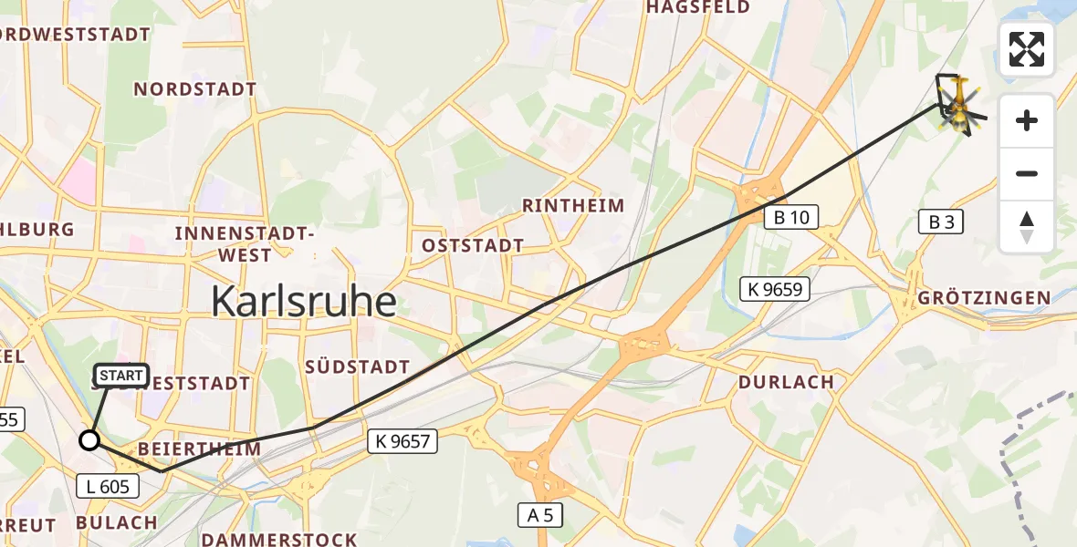 Flugroute Ambulanzhubschrauber Sankt Vincentius Hospital - Karlsruhe, 22 September 2026, 05:57