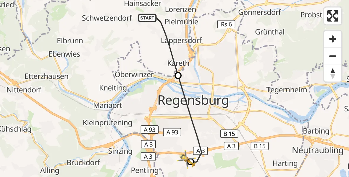 Flugroute Rettungshubschrauber Lappersdorf - DRF Air Rescue Station Regensburg / Regensburg University Hospital, 22 September 2026, 06:03