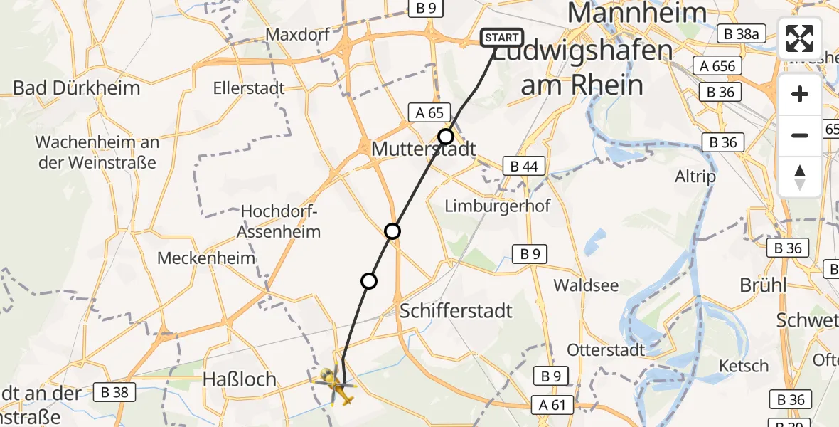 Flugroute Rettungshubschrauber Ludwigshafen am Rhein - Böhl-Iggelheim, 22 September 2026, 06:14