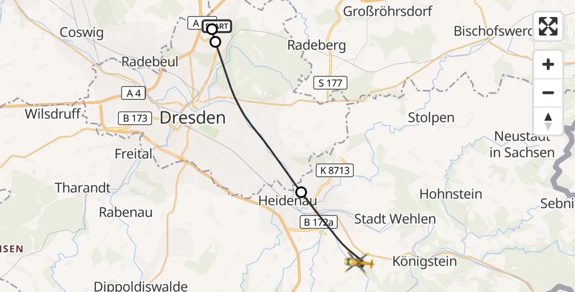 Flugroute Rettungshubschrauber Dresden Bundespolizei Hubschrauberlandeplatz - Pirna, 22 September 2026, 06:26