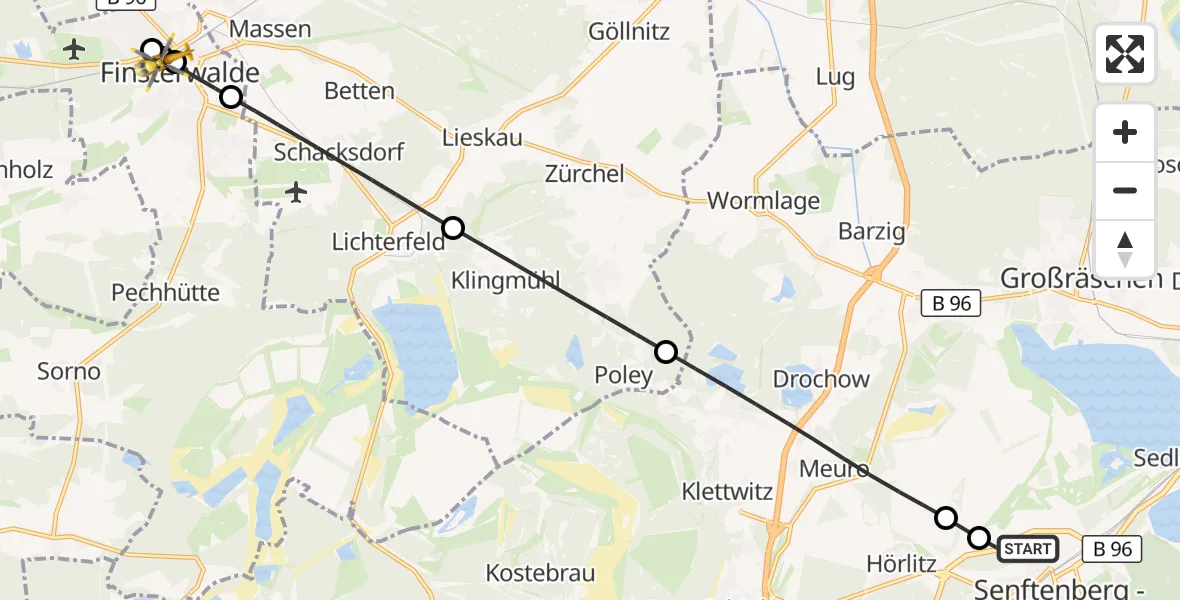Flugroute Ambulanzhubschrauber ADAC Luftrettungsstation Senftenberg Hubschrauberlandeplatz - Elbe-Elster Hospital Finsterwalde Hubschrauberlandeplatz, 22 September 2026, 06:38