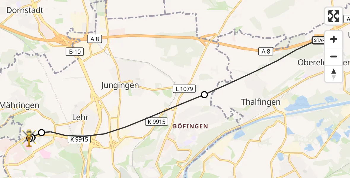 Flugroute Rettungshubschrauber Elchingen - ADAC Air Rescue Station Ulm (Christoph 22), 22 September 2026, 06:40