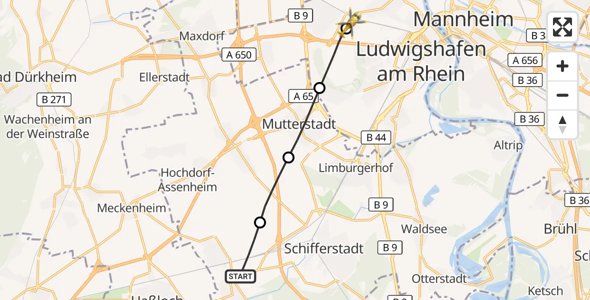 Flugroute Rettungshubschrauber Böhl-Iggelheim - Ludwigshafen Accident Hospital, 22 September 2026, 06:52