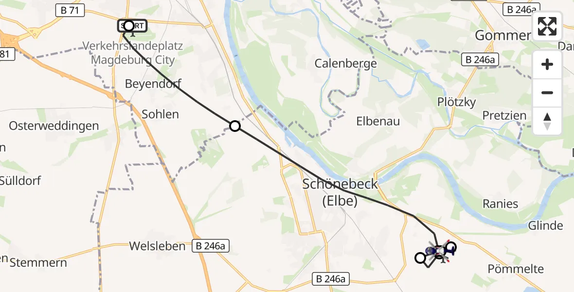 Flugroute Polizeihubschrauber Magdeburg City Flugplatz - Schönebeck-Zackmünde Flugplatz, 22 September 2026, 06:52