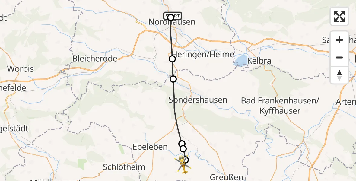 Flugroute Rettungshubschrauber Südharz Hospital Nordhausen - Greußen, 22 September 2026, 06:53