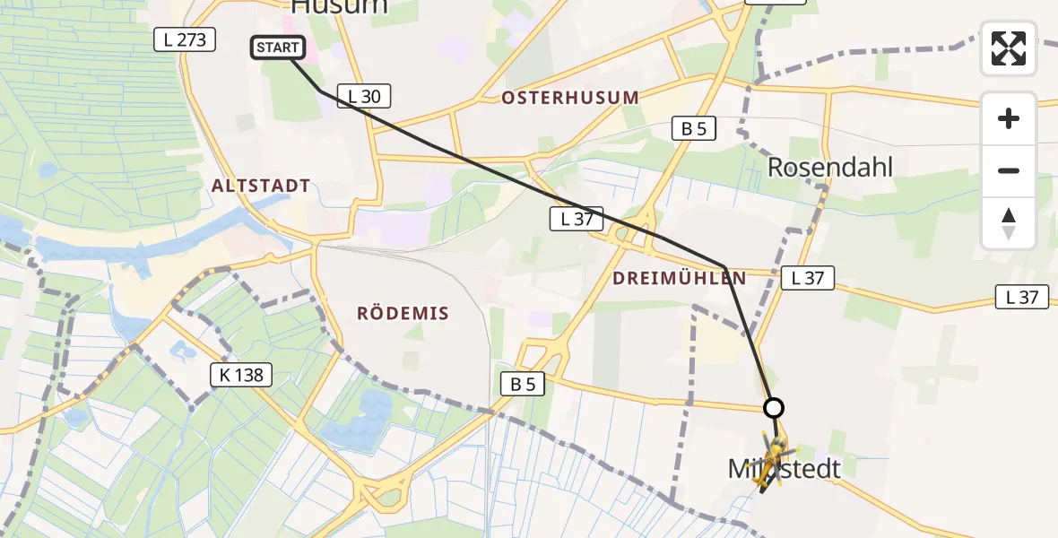 Flugroute Ambulanzhubschrauber Husum - Mildstedt, 22 September 2026, 07:08