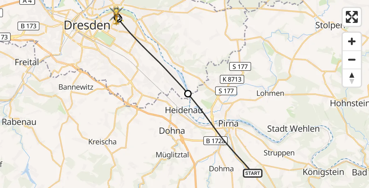 Flugroute Rettungshubschrauber Pirna - Dresden University Hospital, 22 September 2026, 07:09