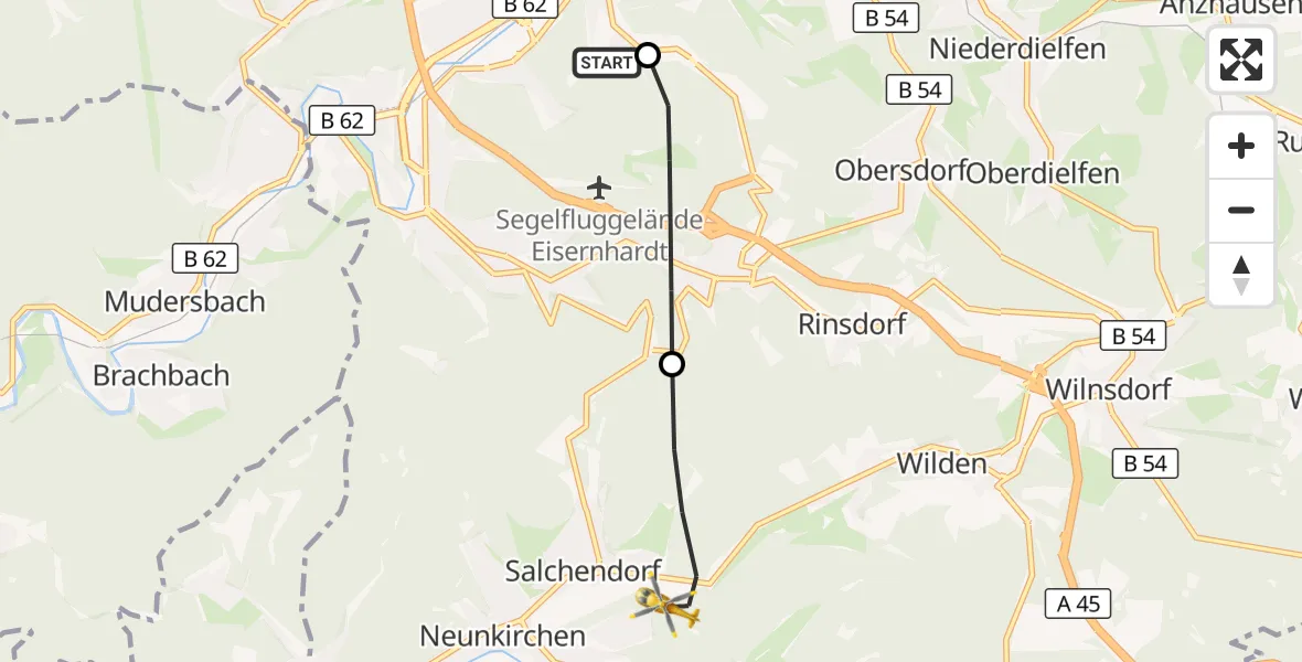 Flugroute Rettungshubschrauber Evangelisches Jung-Stilling Hospital - Neunkirchen, 22 September 2026, 07:11