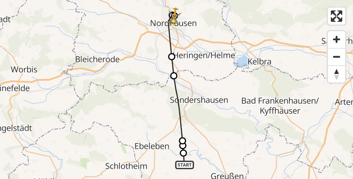 Flugroute Rettungshubschrauber Greußen - Südharz Hospital Nordhausen, 22 September 2026, 07:31