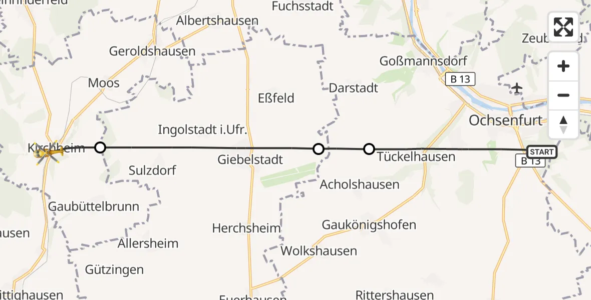 Flugroute Rettungshubschrauber Ochsenfurt - Kirchheim, 22 September 2026, 07:46