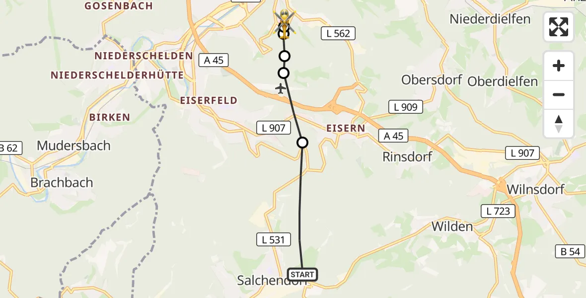 Flugroute Rettungshubschrauber Neunkirchen - Evangelisches Jung-Stilling Hospital, 22 September 2026, 07:50