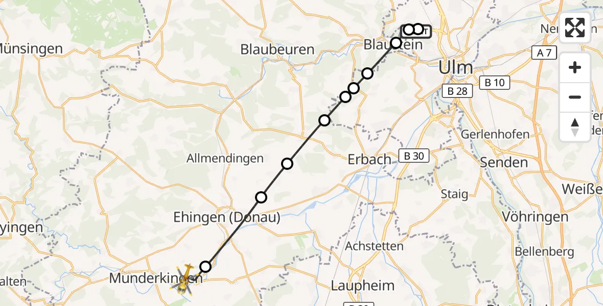 Flugroute Rettungshubschrauber Ulm Military Hospital Emergency - Rottenacker, 22 September 2026, 07:50