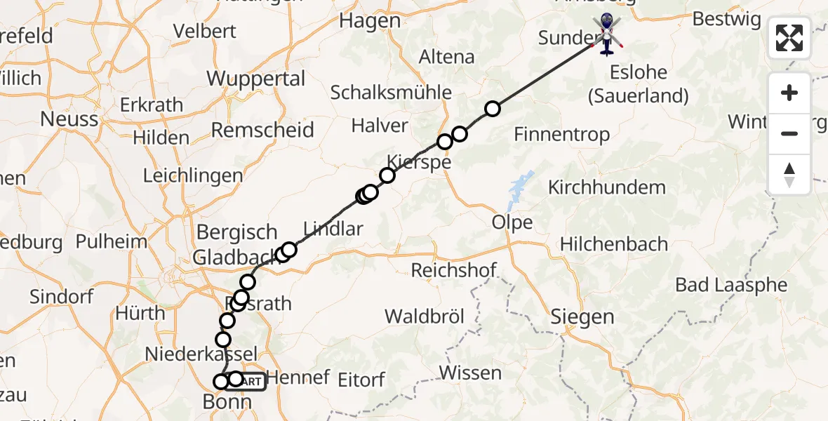 Flugroute Polizeihubschrauber Sankt Augustin - Sundern (Sauerland), 22 September 2026, 07:57