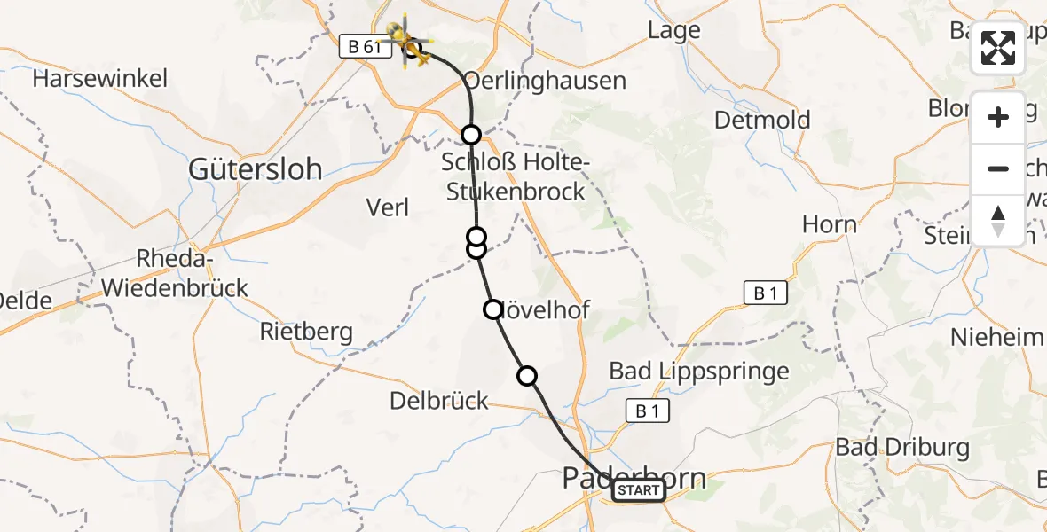 Flugroute Rettungshubschrauber Paderborn - Luftrettungszentrum Bielefeld, 22 September 2026, 08:08