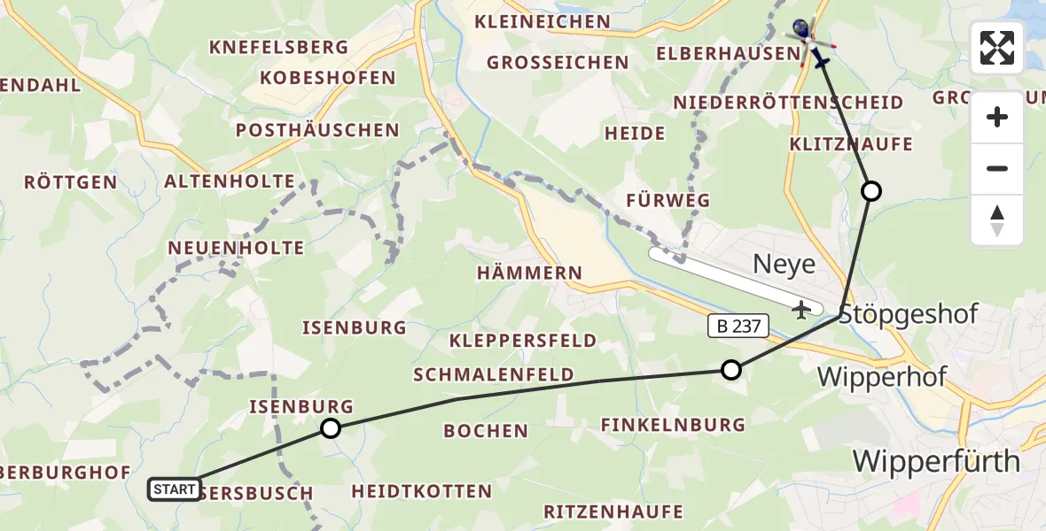 Flugroute Polizeihubschrauber Hückeswagen - Wipperfürth, 22 September 2026, 08:16
