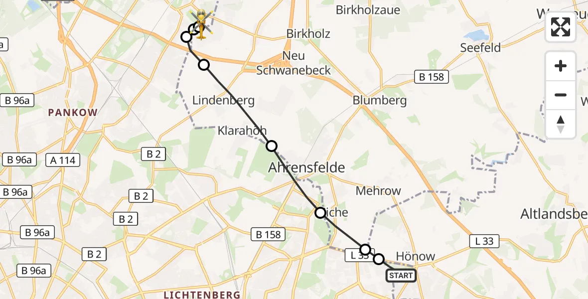 Flugroute Rettungshubschrauber Berlin - Helios Clinic Berlin-Buch, 22 September 2026, 08:19