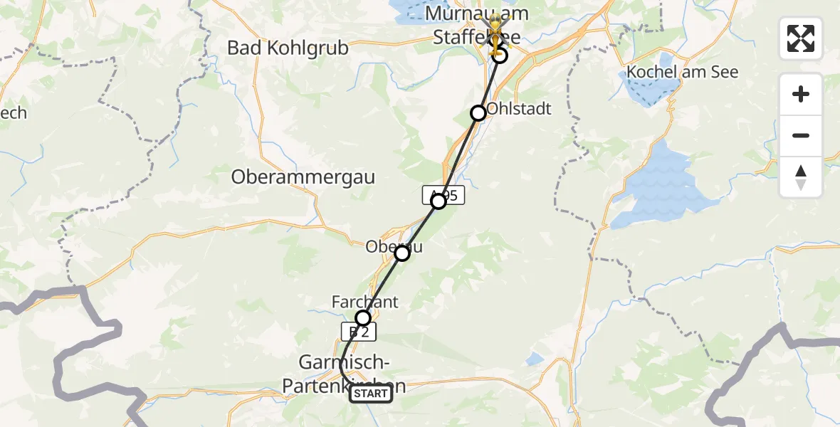 Flugroute Rettungshubschrauber Garmisch-Partenkirchen - Murnau Accident Hospital, 22 September 2026, 08:21