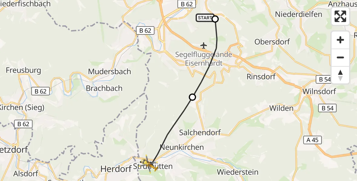 Flugroute Rettungshubschrauber Evangelisches Jung-Stilling Hospital - Neunkirchen, 22 September 2026, 08:24