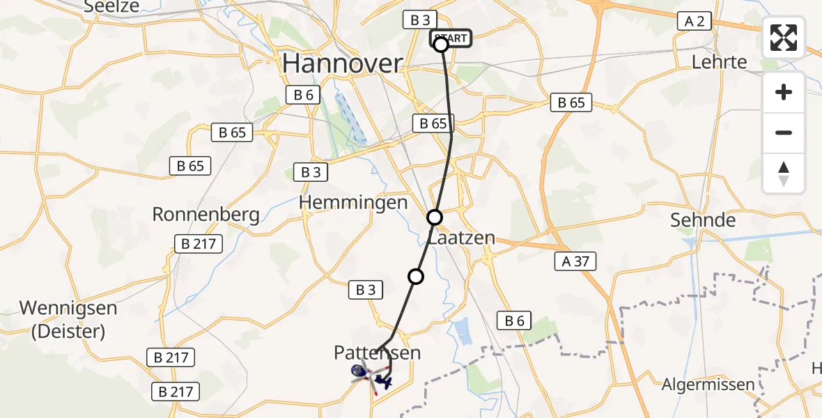 Flugroute Polizeihubschrauber Hannover Luftrettung Hubschrauberlandeplatz (Christoph 4) - Pattensen, 22 September 2026, 08:30