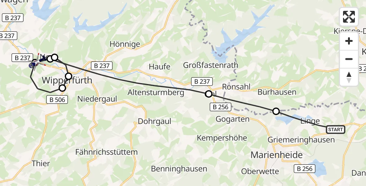 Flugroute Polizeihubschrauber Marienheide - Wipperfürth-Neye Flugplatz, 22 September 2026, 08:34