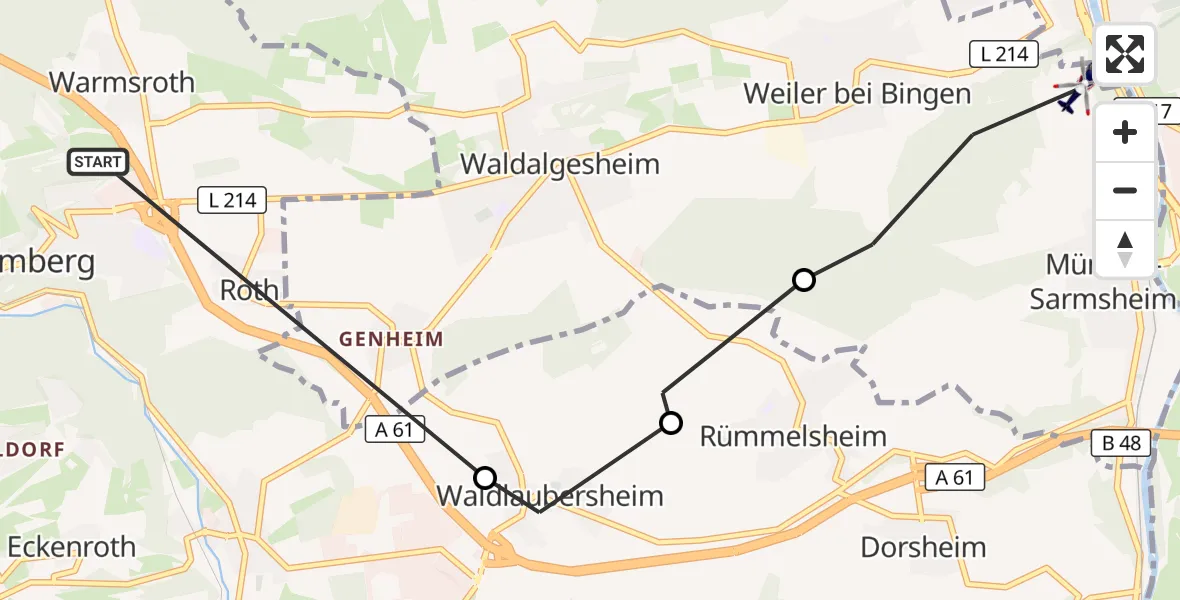 Flugroute Polizeihubschrauber Warmsroth - Bingen am Rhein, 22 September 2026, 08:43
