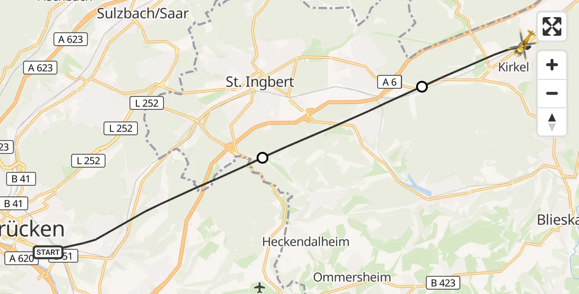 Flugroute Rettungshubschrauber Saarbrücken - Kirkel, 22 September 2026, 08:46