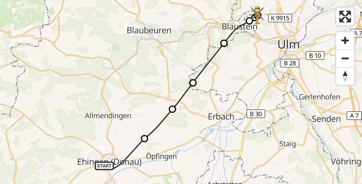 Flugroute Rettungshubschrauber Ehingen (Donau) - ADAC Air Rescue Station Ulm (Christoph 22), 22 September 2026, 08:48