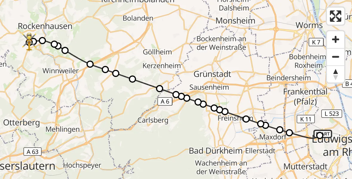 Flugroute Rettungshubschrauber Ludwigshafen Accident Hospital - Rockenhausen, 22 September 2026, 08:49