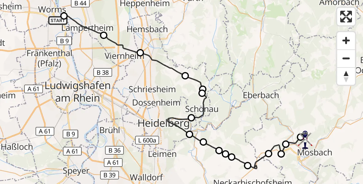 Flugroute Polizeihubschrauber Worms - Mosbach, 22 September 2026, 09:00