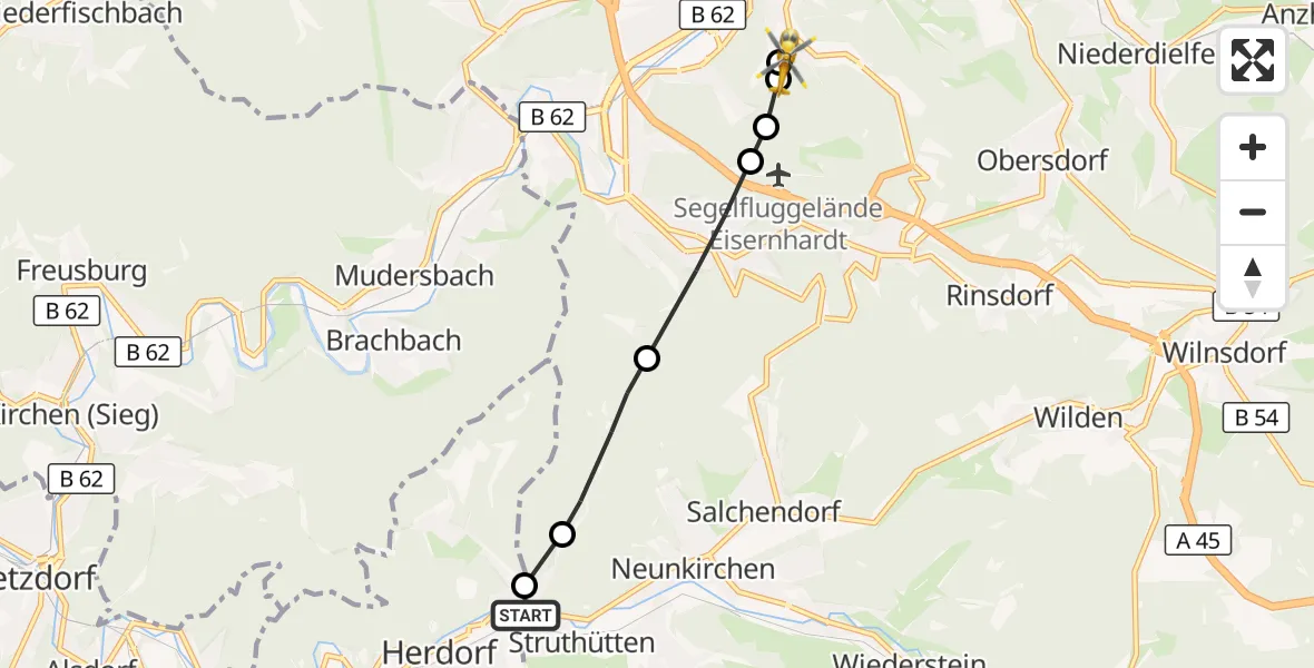 Flugroute Rettungshubschrauber Neunkirchen - Evangelisches Jung-Stilling Hospital, 22 September 2026, 09:02