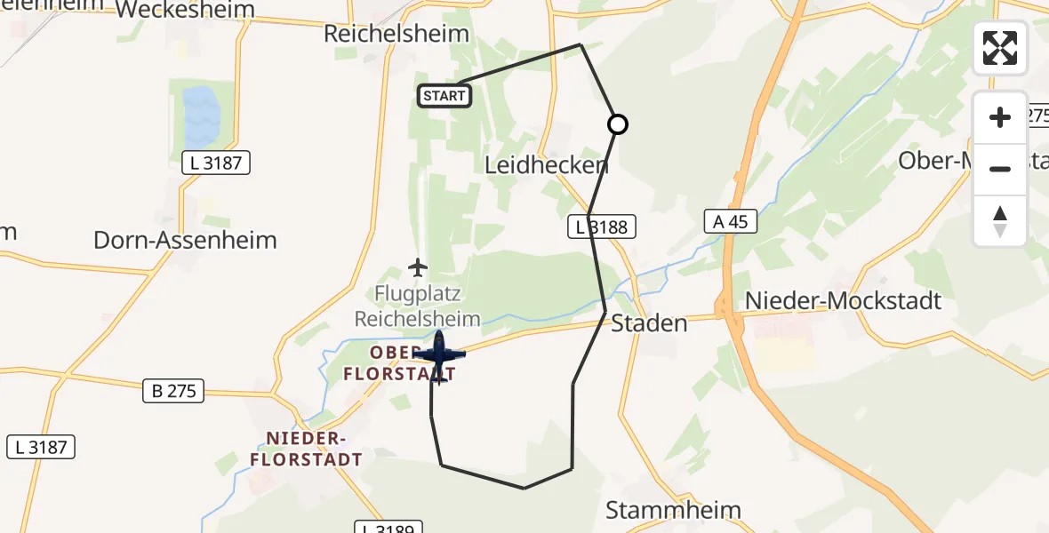 Flugroute Polizeiflugzeug Reichelsheim (Wetterau) - Florstadt, 22 September 2026, 09:02