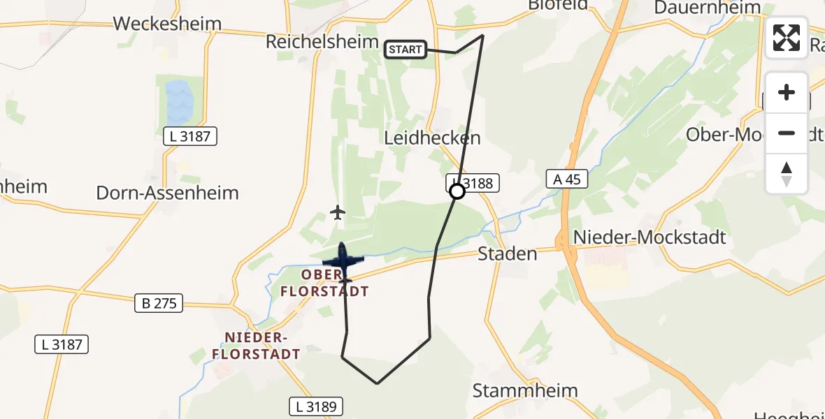 Flugroute Polizeiflugzeug Reichelsheim (Wetterau) - Florstadt, 22 September 2026, 09:10