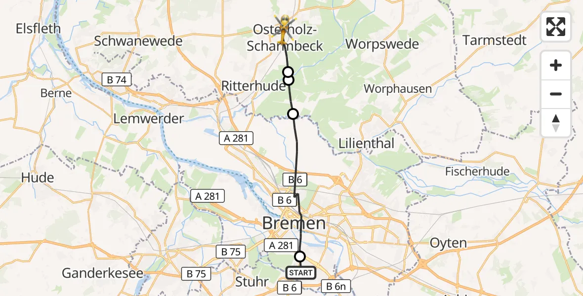 Flugroute Rettungshubschrauber ADAC Air Rescue Station Bremen Hubschrauberlandeplatz (Christoph 6) - Osterholz-Scharmbeck, 22 September 2026, 09:10