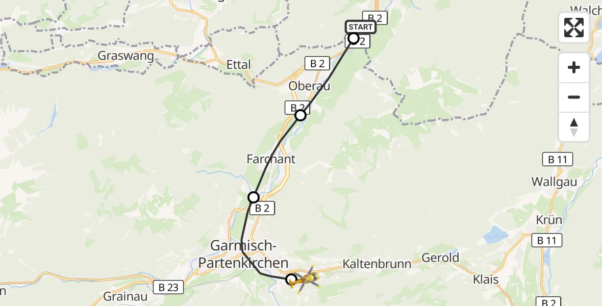 Flugroute Rettungshubschrauber Eschenlohe - Garmisch-Partenkirchen Clinic Hubschrauberlandeplatz, 22 September 2026, 09:21