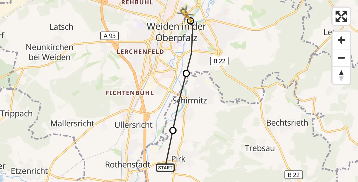 Flugroute Ambulanzhubschrauber Pirk - Weiden Hospital, 22 September 2026, 09:28