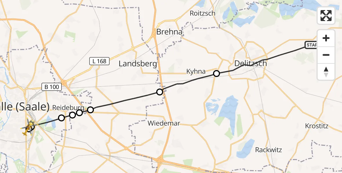Flugroute Rettungshubschrauber Delitzsch - BG Hospital Bergmannstrost Halle, 22 September 2026, 09:32