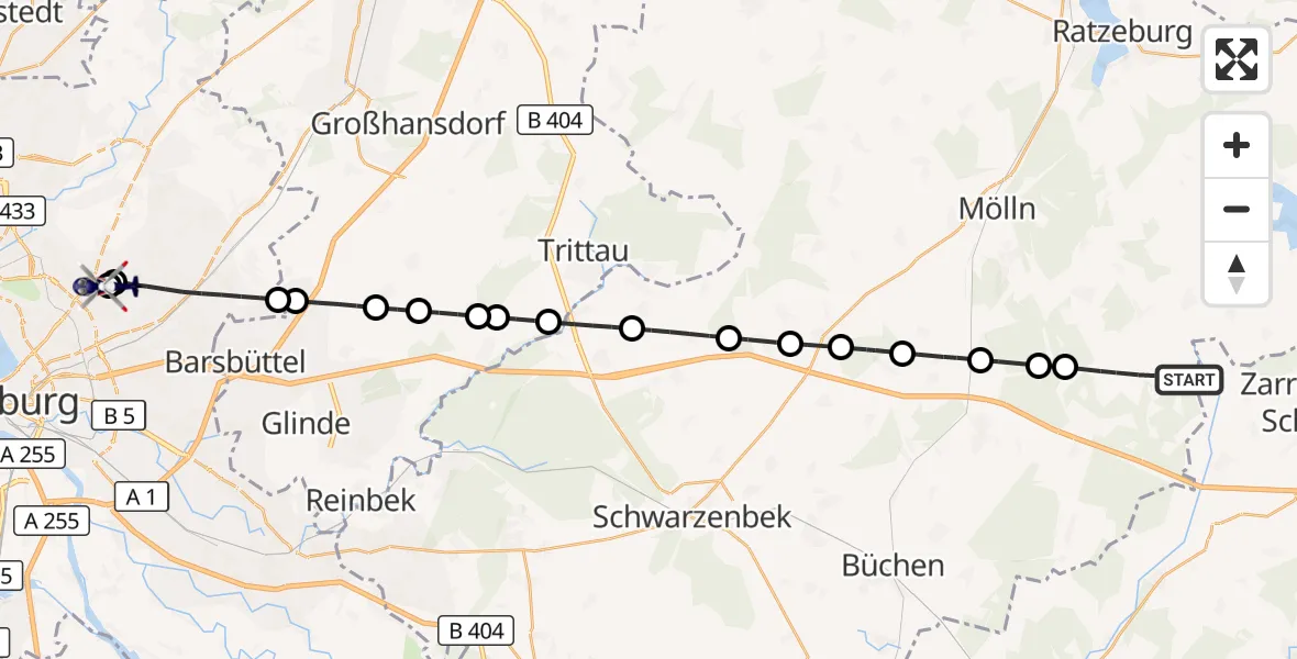 Flugroute Polizeihubschrauber Gudow - Hamburg Military Hospital, 22 September 2026, 09:37