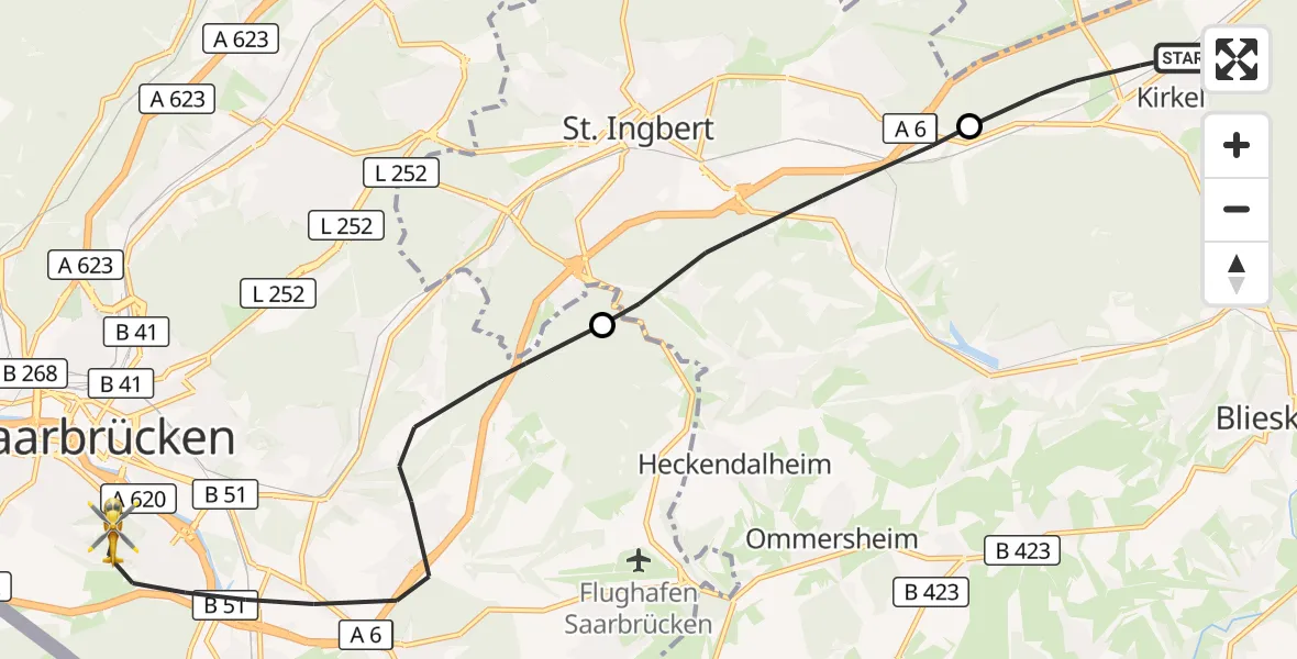 Flugroute Rettungshubschrauber Kirkel - Saarbrücken, 22 September 2026, 09:38