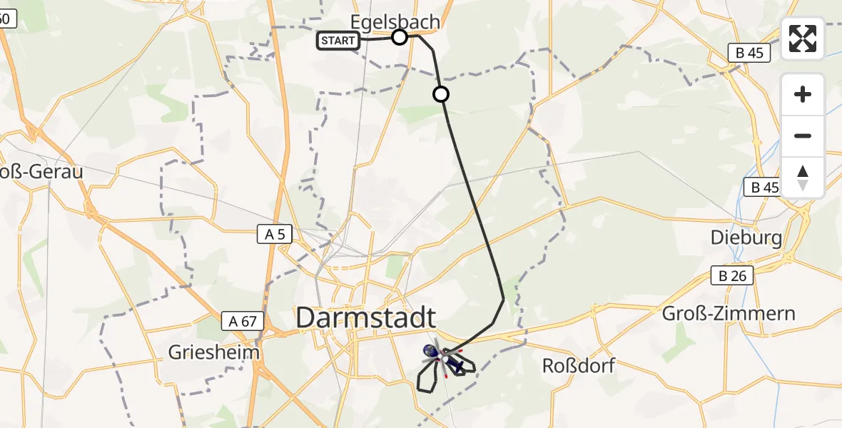 Flugroute Polizeihubschrauber Flughafen Frankfurt-Egelsbach - Darmstadt, 22 September 2026, 09:41