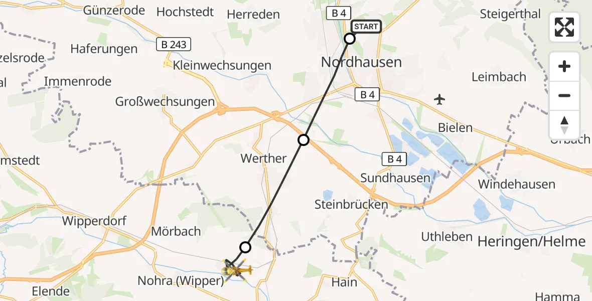 Flugroute Rettungshubschrauber Südharz Hospital Nordhausen - Bleicherode, 22 September 2026, 09:53