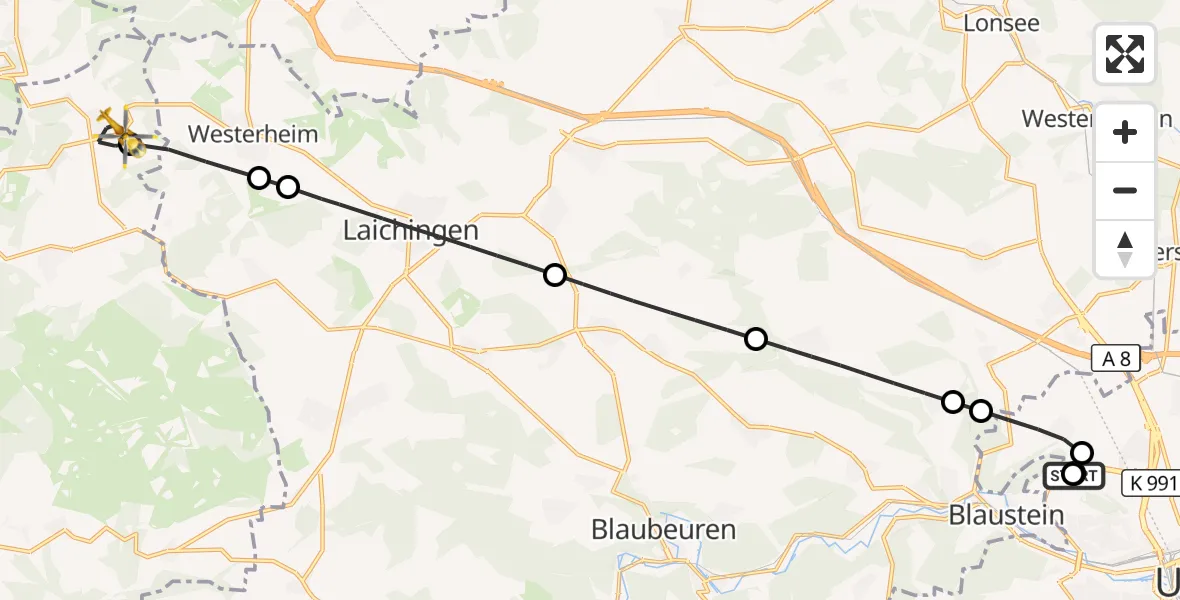 Flugroute Rettungshubschrauber Ulm Military Hospital Emergency - Römerstein, 22 September 2026, 09:55