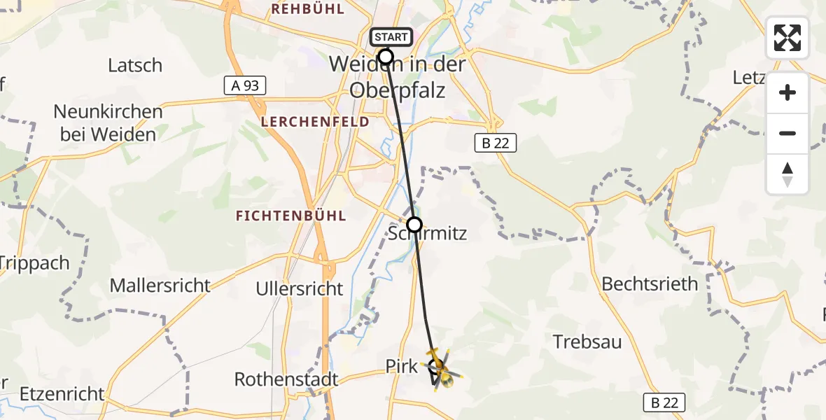 Flugroute Ambulanzhubschrauber Weiden Hospital - Pirk, 22 September 2026, 10:00