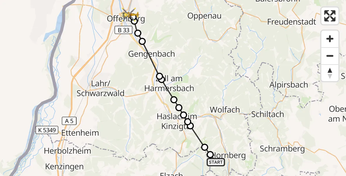 Flugroute Ambulanzhubschrauber Hornberg - Offenburg, 22 September 2026, 09:59