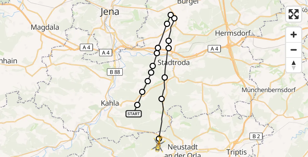 Flugroute Rettungshubschrauber Lindig - Lausnitz b.Neustadt an der Orla, 22 September 2026, 10:01