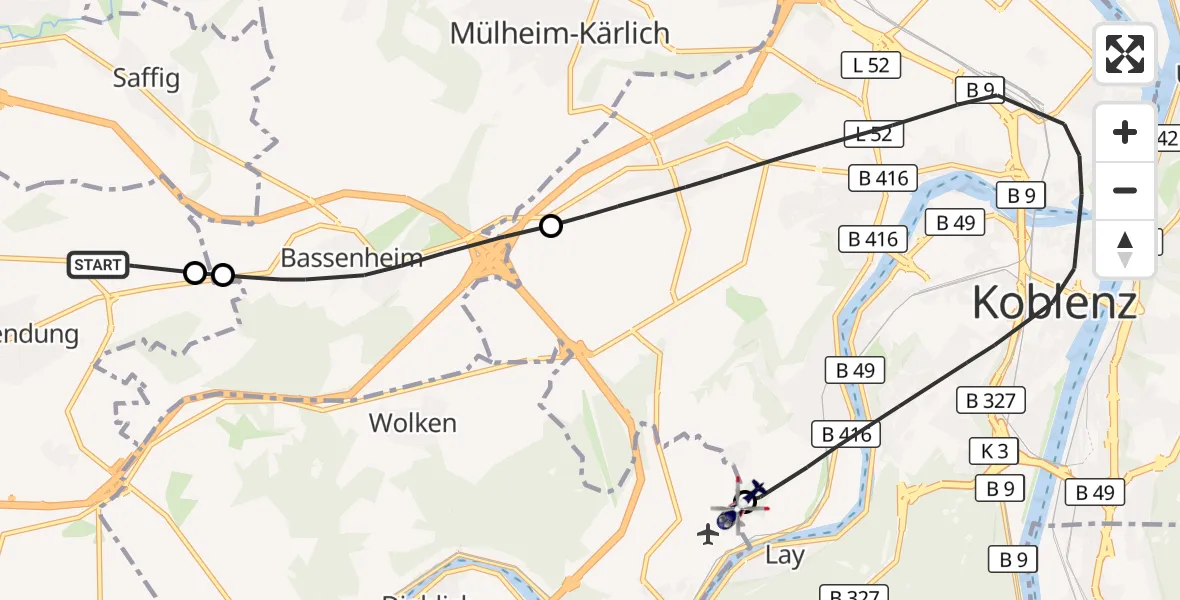 Flugroute Polizeihubschrauber Ochtendung - Koblenz-Winningen Flugplatz, 22 September 2026, 10:02