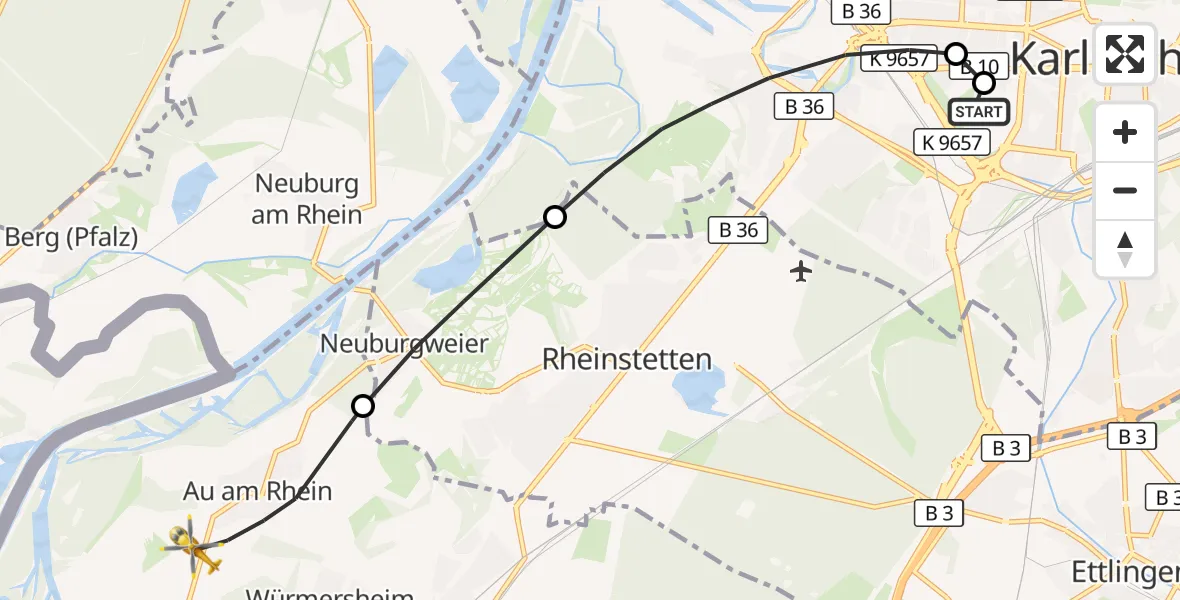 Flugroute Ambulanzhubschrauber Sankt Vincentius Hospital - Au am Rhein, 22 September 2026, 10:03