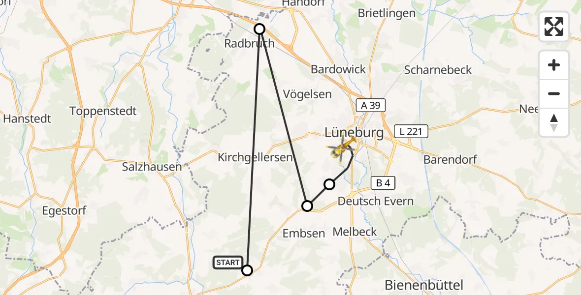 Flugroute Rettungshubschrauber Oldendorf (Luhe) - Lüneburg, 22 September 2026, 10:05