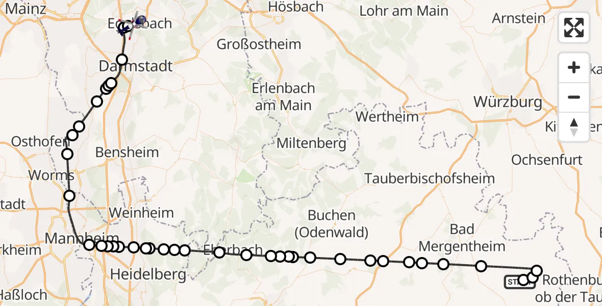 Flugroute Polizeihubschrauber Militärflugplatz Niederstetten - Flughafen Frankfurt-Egelsbach, 22 September 2026, 10:05